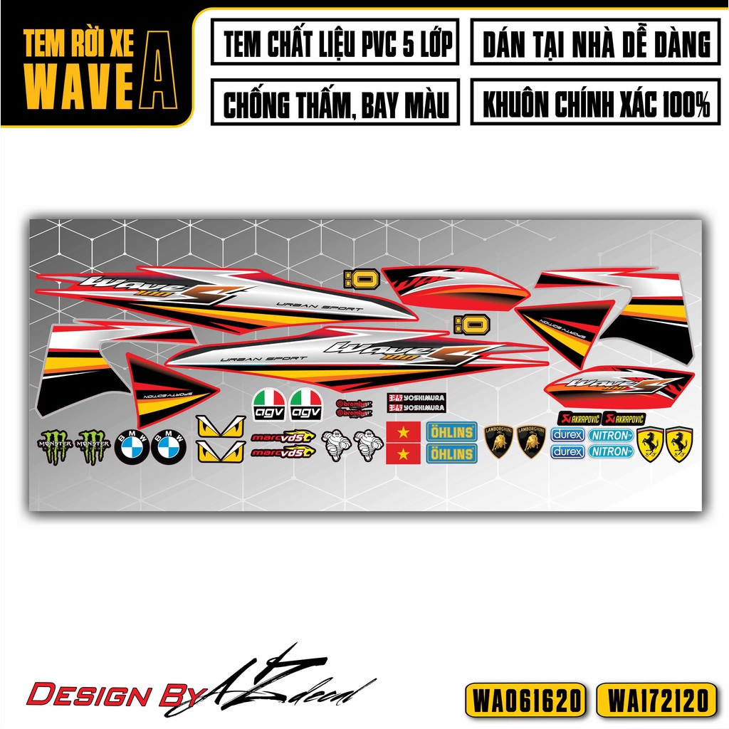 Tem Rời Dán Xe Wave A 100 110 Mẫu Chữ S100 | WA20 | Decal Chế Xe Máy Wave Alpha Độc Đáo, Bền Màu