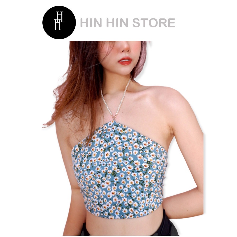 Áo yếm croptop hoa bi xanh dây chuỗi ngọc HAC139 Hỉn Hỉn Store