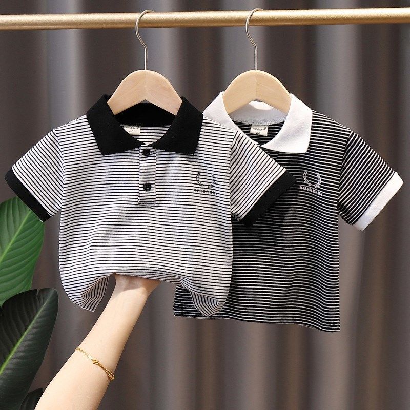Áo Thun Polo Tay Ngắn Cổ Bẻ Chất Liệu Cotton Nguyên Chất Mỏng Họa Tiết Kẻ Sọc Cho Bé Trai