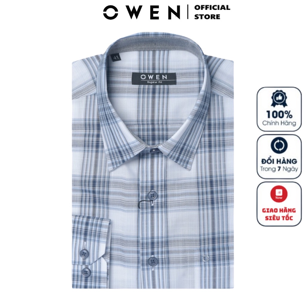 Áo Sơ Mi Nam Dài Tay OWEN AR220141DT Somi Công Sở Vải Sợi Tre Cao Cấp Màu Kẻ Caro Trắng Xanh Dáng Suông Tà Lượn Có Túi