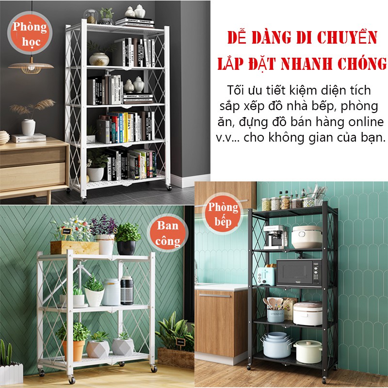 Kệ Giá Để Đồ Gấp Gọn Đa Năng 3-4-5 Tầng Có Bánh Xe Xoay 360 Độ Sơn Tĩnh Điện Bóng 5 lớp xịn