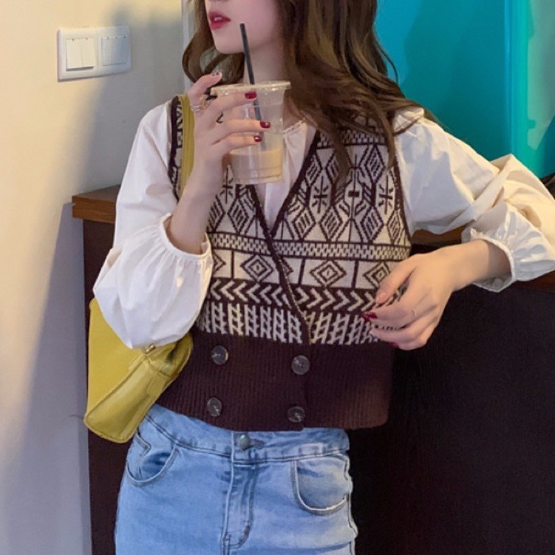 MS290 Áo gile croptop hoạ tiết 4 khuy len mỏng
