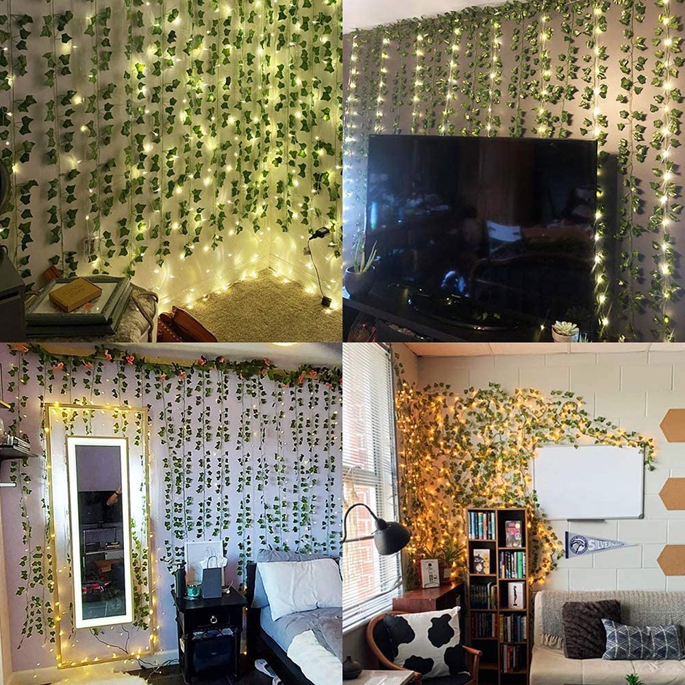Cây thường xuân nhân tạo 2.1m lá xanh giả cây nho vòng hoa cây nho lá giả trang trí nội thất với đèn dây led dài 3m