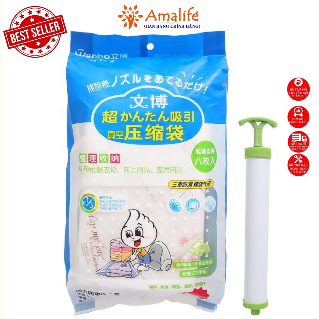 Combo 8 túi hút chân không tặng kèm bơm hút chân không đựng quần áo, chăn màn, ga gối gọn gàng Amalife