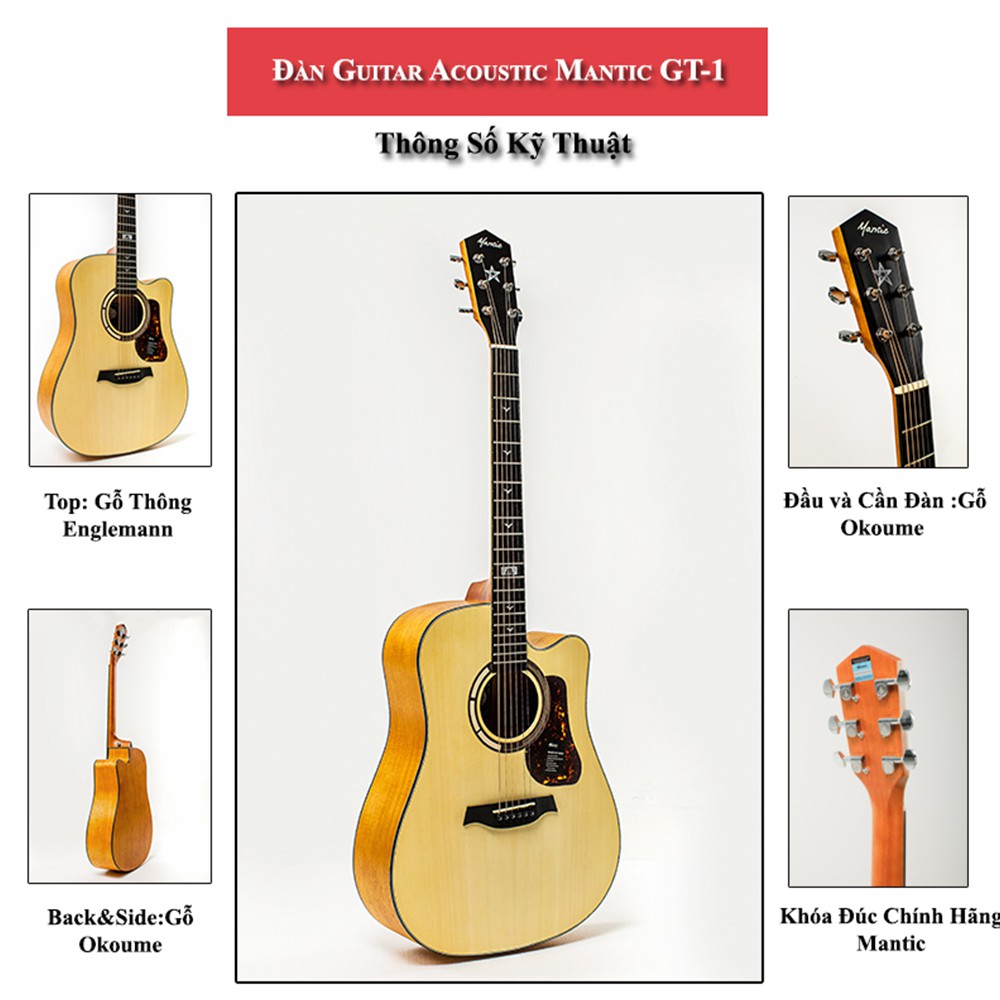 Đàn Guitar Acoustic Mantic GT-1DC | Đàn Chính Hãng, nhiều màu lựa chọn, tặng Full phụ kiện( bao đàn, capo, pick, ty)