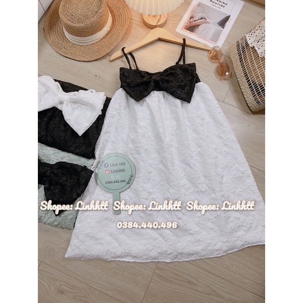 Váy 2 dây gấm babydoll nơ ngực freesize