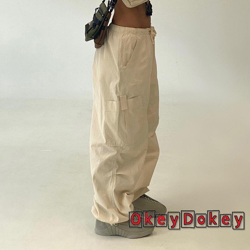 Quần Dài Ống Rộng Dây Rút Phối Túi Màu Trơn Phong Cách Retro Cho Nữ-Y2k