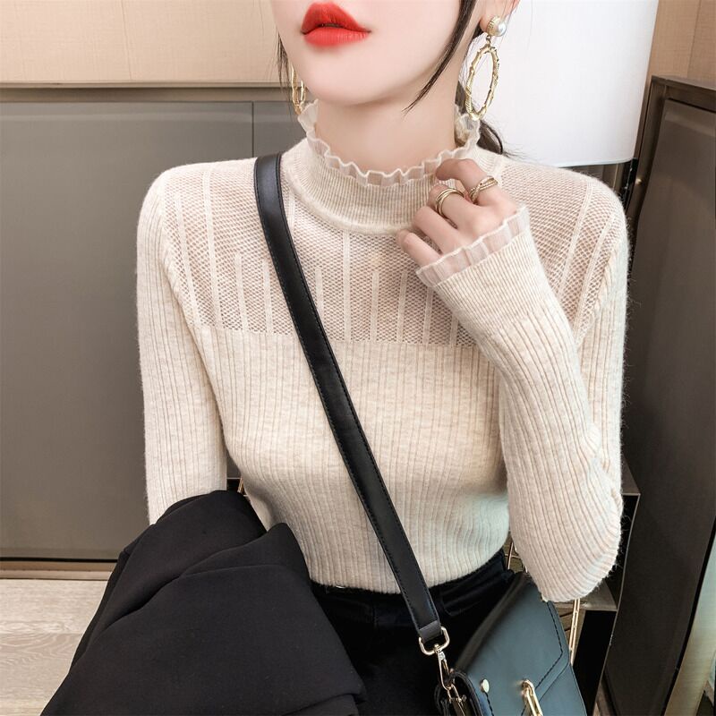 Áo nữ dệt kim ZHELIHANGFEI tay dài cổ cao phối ren quyến rũ thời trang