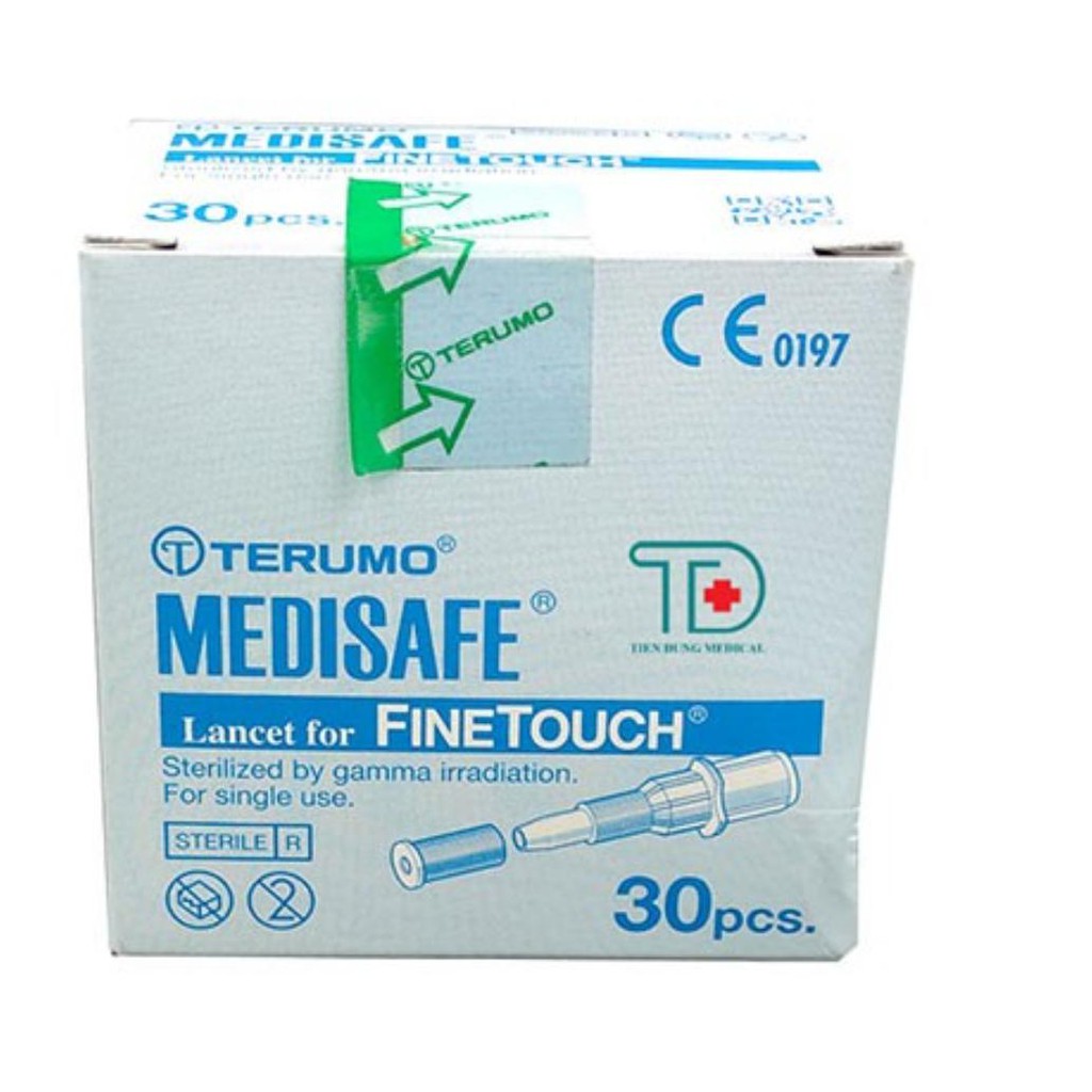 Combo Que test thử đường huyết TERUMO MEDISAFE FIT, nhập khẩu chính ngạch, tem niêm phong và nhãn phụ tiếng việt