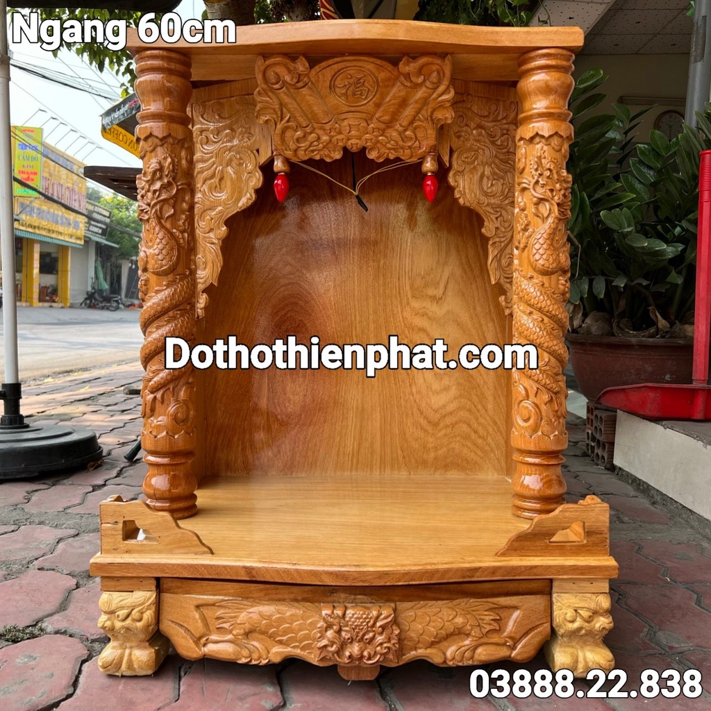 Bàn thờ Thần Tài Ông Địa gỗ căm xe mặt gỗ gõ đỏ ngang 60cm mẫu mới