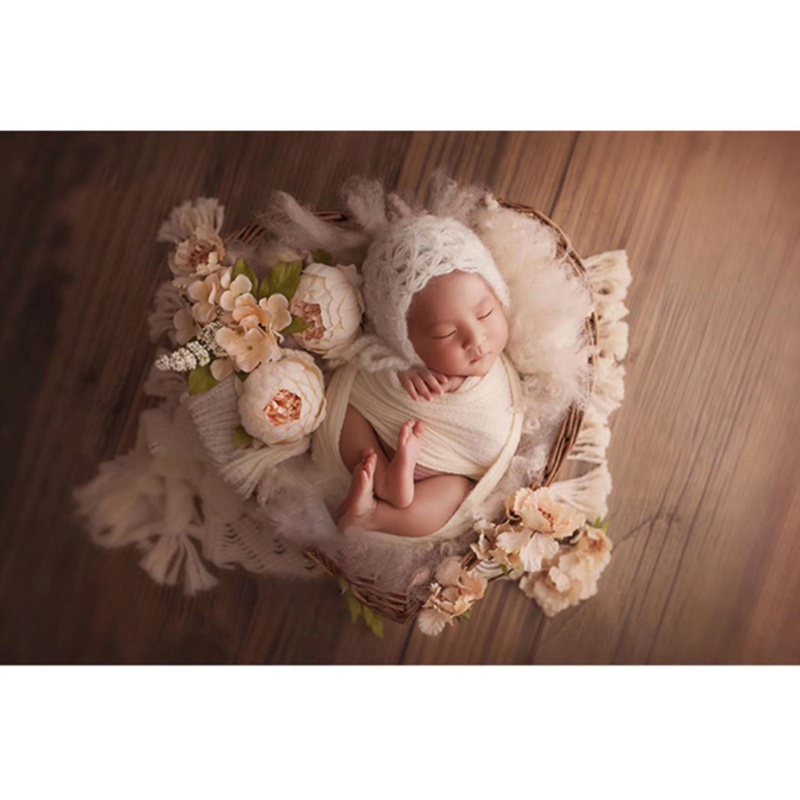 Bộ Chăn Quấn + Nón Dệt Kim Phối Lưới Co Giãn Làm Phụ Kiện Chụp Ảnh Cho Bé Sơ Sinh