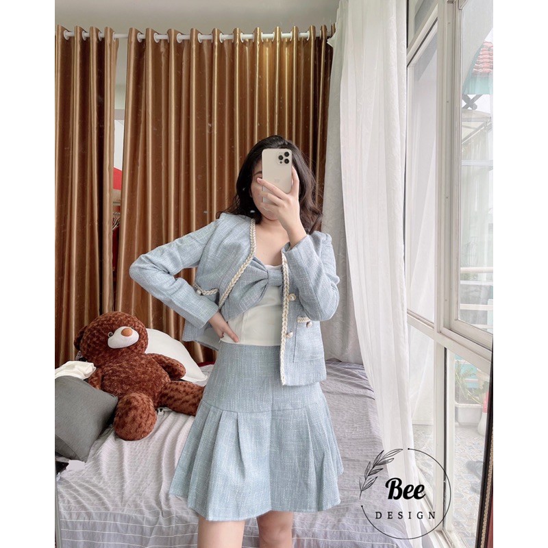 Set vest dạ tweed 3 món đính nơ