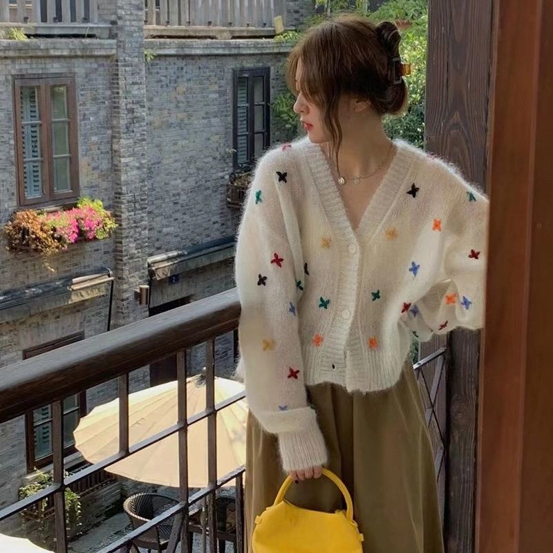Áo Khoác Cardigan Dệt Kim Họa Tiết Hoa Thời Trang Mùa Thu Kiểu Pháp Mới 2021