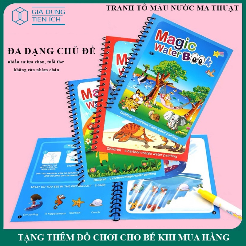 Tranh tô màu nước ma thuật đa dạng các chủ đề cho trẻ, sử dụng nhiều lần, đồ chơi tô màu cho bé phát triển trí tuệ