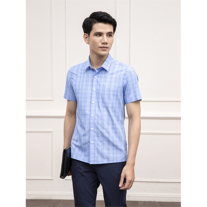 [MẪU MỚI] Áo sơ mi nam ngắn tay ARISTINO dáng Perfect fit suông vừa, họa tiết xanh kẻ trắng lịch lãm - ASS143S1