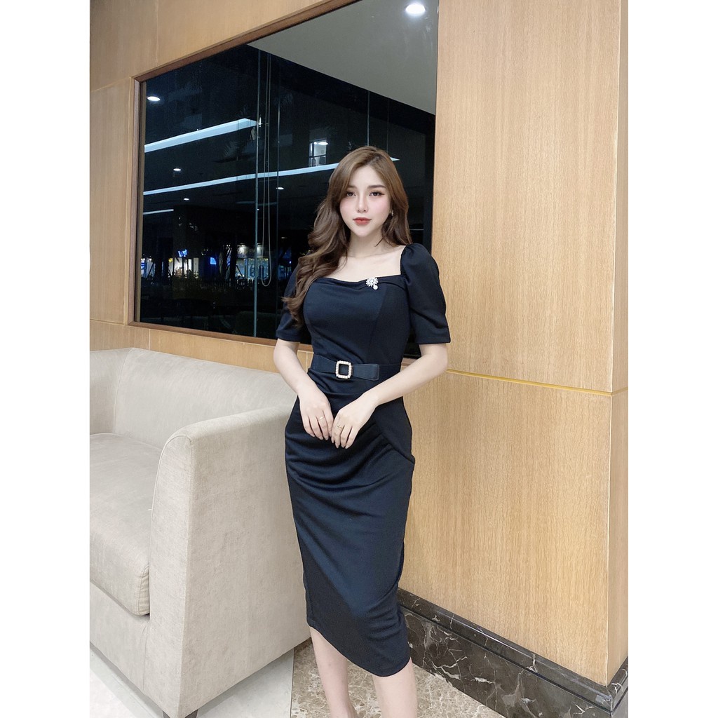 Đầm đen thiết kế dáng dài cổ vuông, tay lửng cao cấp mềm mịn | BigBuy360 - bigbuy360.vn