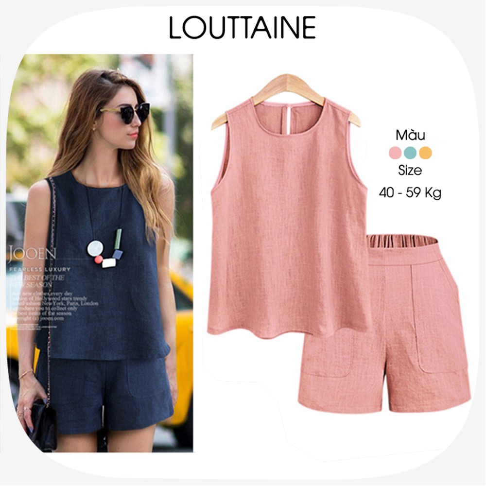 Set áo khoét nách quần sooc cạp chun Jooen vải đũi xước co dãn phong cách Hàn Quốc cao cấp 3 màu đủ size 40-60 Kg