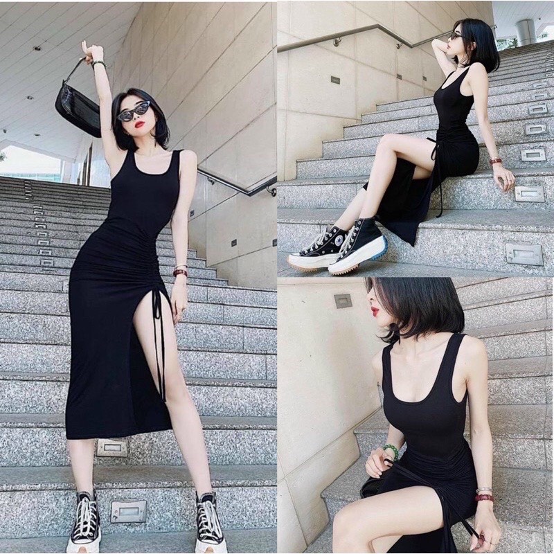 Đầm body sát nách xẻ tà cổ vuông phối dây rút sexy gợi cảm, chất vải borip co giãn tốt, free size dưới 56kg