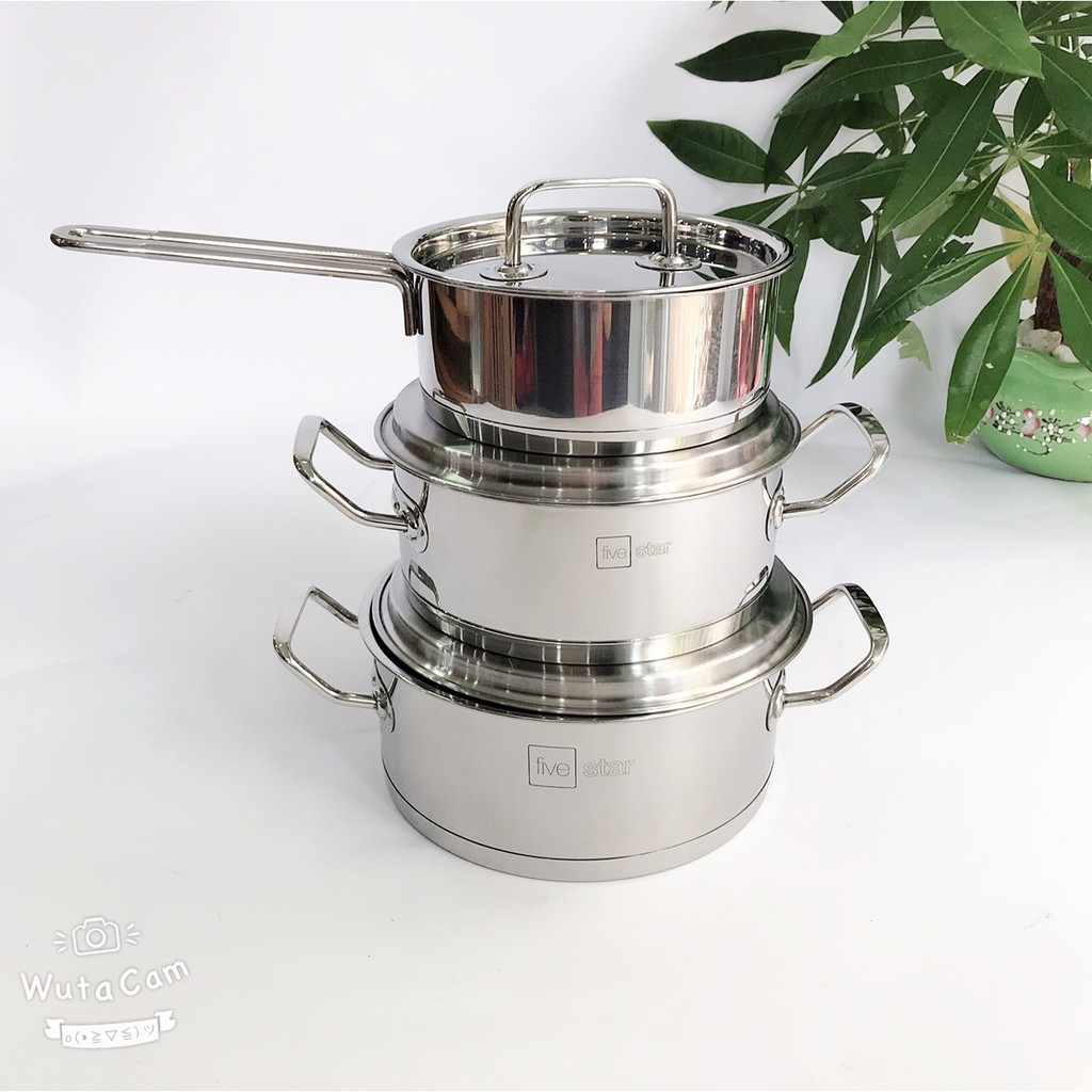 Bộ nồi quánh 3 đáy inox 430 Fivestar Standard bếp từ nắp inox (1 quánh 16cm x 1 nồi 18cm x 1 nồi 20cm )