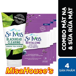 Combo Sữa rửa mặt Trà xanh 170g và 3 mặt nạ St.ives 23ml