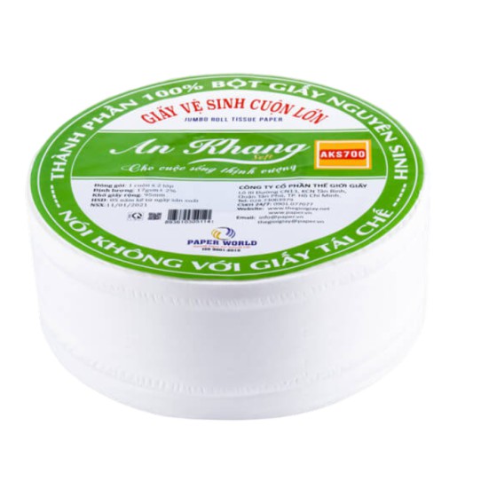 Giấy vệ sinh cuộn lớn AN KHANG SOFT AKS700, 100% bột giấy nguyên sinh, dùng trong nhà vệ sinh, hai lớp 700gr - 10 cuộn