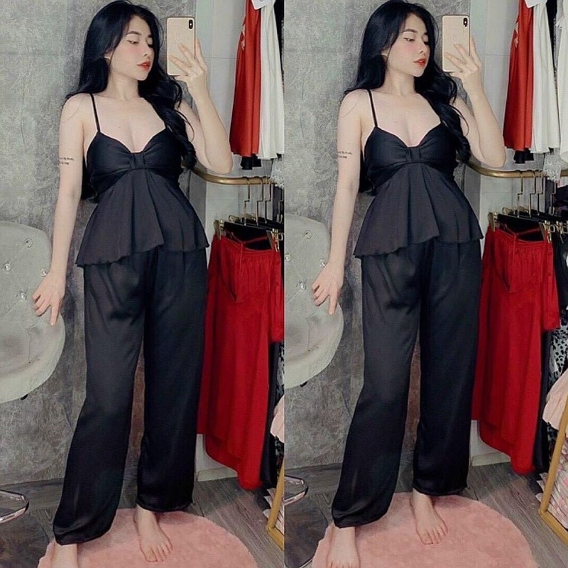 Set bộ ngủ hai dây dài nơ lụa satin cao cấp | BigBuy360 - bigbuy360.vn