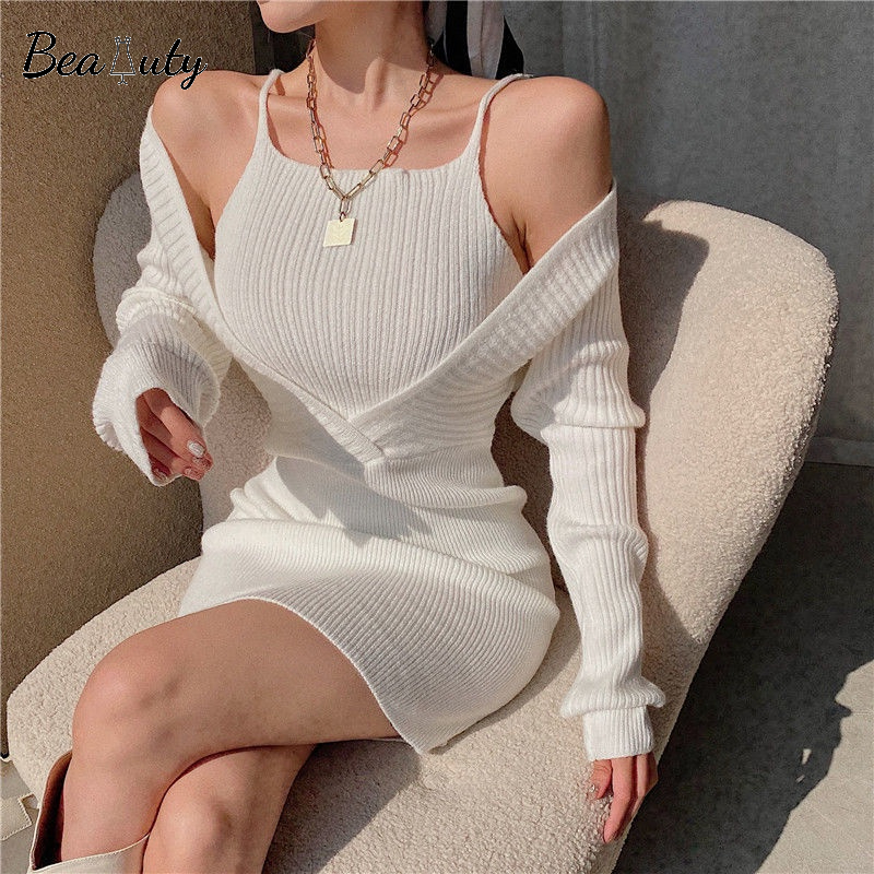 [MURIOKI] Set Đầm Ôm Hai Dây + Áo Sweater Tay Dài Màu Đen Phong Cách Thời Trang Mùa Thu 2022