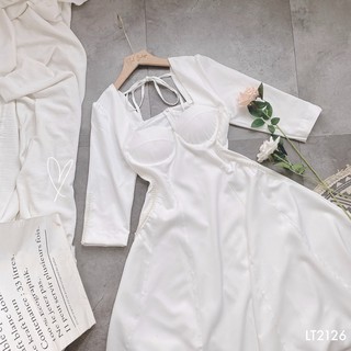 (SALE XẢ HÀNG) Đầm Midi Trắng Thắt Nơ Lưng