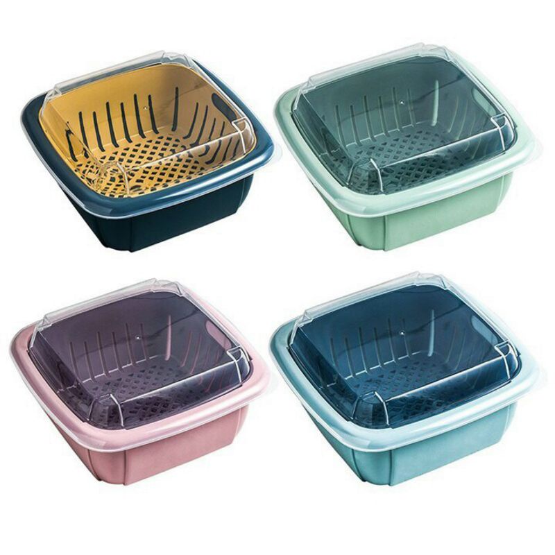 BỘ KHAY THAU RỔ NHỰA CÓ NẮP ĐẬY ; Đựng Rửa Hoa Quả Thực phẩm , 2 LỚP ĐA NĂNG 3 TRONG 1