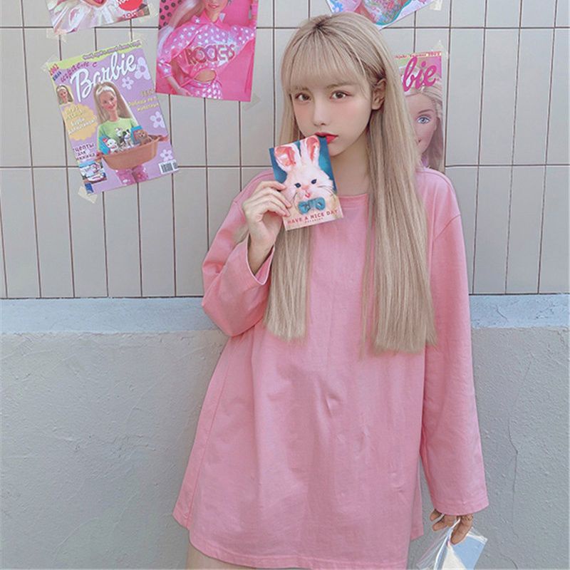 Jiashucheng Áo Thun Cotton Tay Dài Màu Trơn Dáng Rộng Thời Trang Mùa Thu Phong Cách Hàn Quốc Cho Nữ