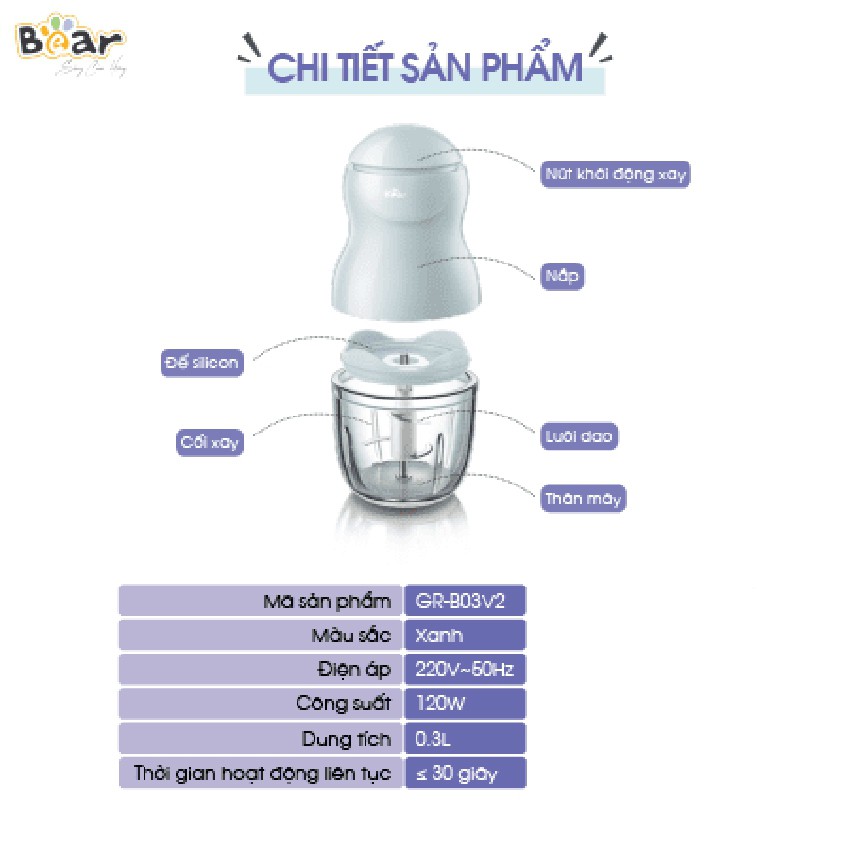 Máy Xay Thịt Xay Đồ Ăn Dặm Mini Bear 0.3L và 0.6L (Hàng chính hãng 1 đổi 1 trong 30 ngày, bảo hành 18 tháng)