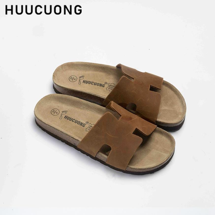 Dép unisex  Chữ H HUUCUONG Quai Da Thật Màu Nâu Đế Trấu