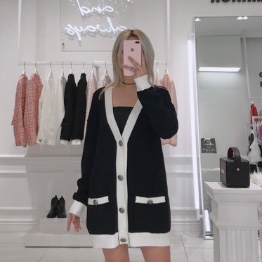 [Mã WABRTN02 giảm 10% ]Áo khoác len cardigan đen viền trắng tingoan SWEETEST CARDIGAN/BL FREESIZE | BigBuy360 - bigbuy360.vn