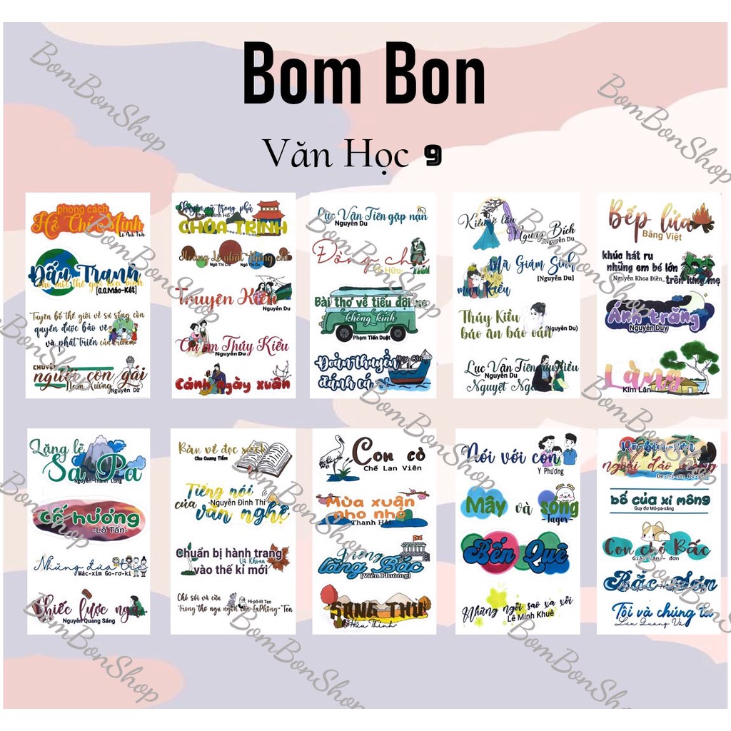 Sticker ngữ văn lớp 9, tiêu đề văn học 9 nhãn dán ham học.