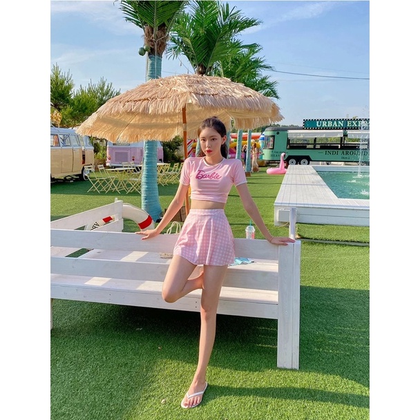 Bikini, đồ bơi nữ hai mảnh crotop chân váy hồng babie (Quảng Châu có sẵn)