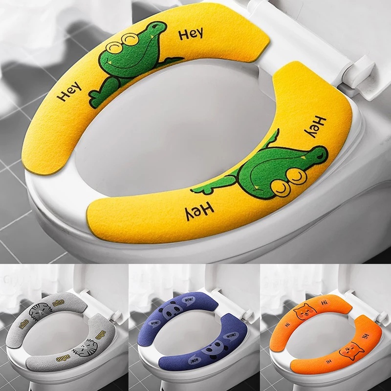 1 Cặp Miếng Dán Nắp Bồn Cầu Mềm Mại Họa Tiết Động Vật Hoạt Hình Có Thể Giặt Rửa