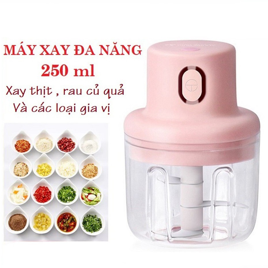 Máy Xay Thực Phẩm Mini Nắp Hồng Sạc Điện Cầm Tay, Có Cổng Sạc Usb, Xay Hành, Tỏi, Thịt, Rau Củ Quả 250ml