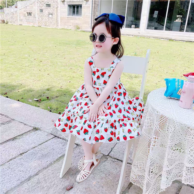 [MÃ MARU471 giảm 10k cho đơn 50k] Váy dâu tây 2 dây chất đũi mềm mại thấm hút mồ hôi cho bé 8-18kg