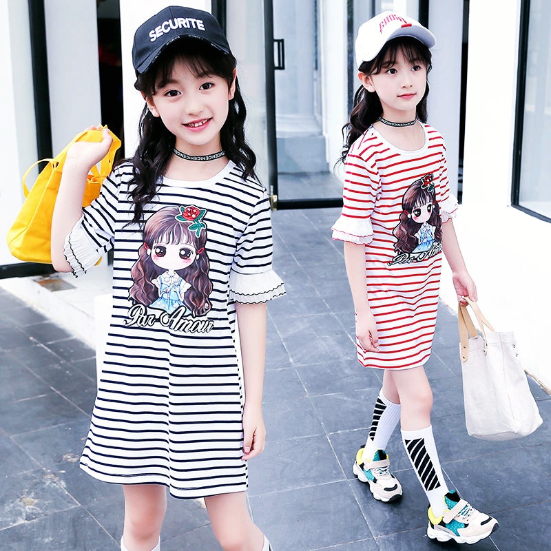 Đầm Thun Tay Ngắn Dáng Chữ A Họa Tiết Kẻ Sọc Thời Trang Xinh Xắn Cho Bé Gái