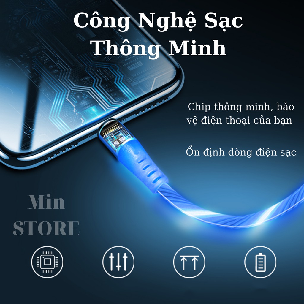 Cáp Sạc Nam Châm , Dây Đèn Led Phát Sáng Siêu Đẹp,  Iphone | Android | Type - C, 1 Mét, Bảo Hành 3 Tháng, Min STORE