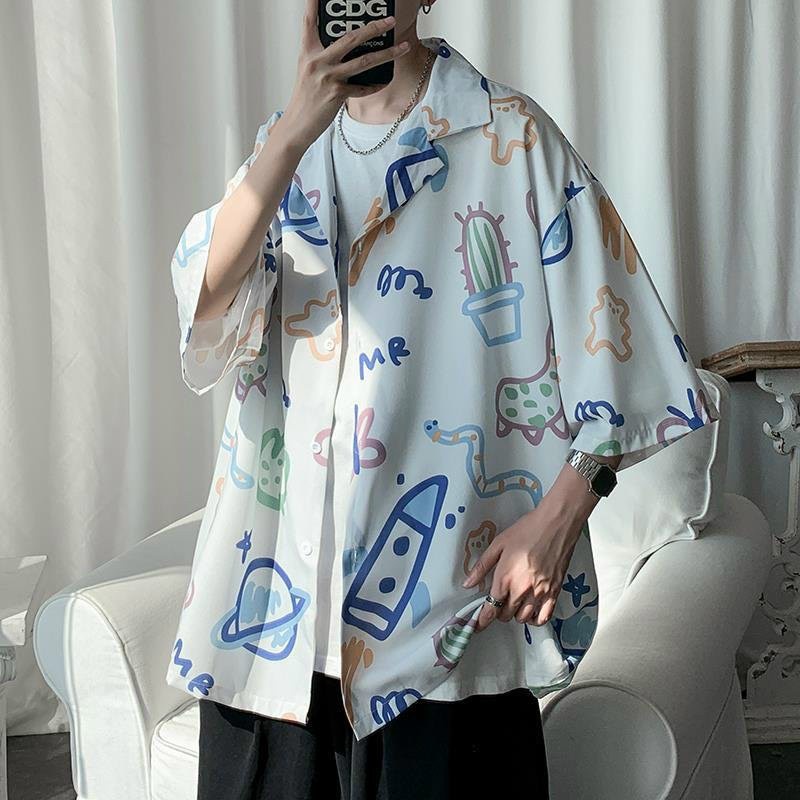 Áo sơ mi nam nữ đều mặc được kiểu tay lỡ form rộng Unisex in hình Mr xương rồng cực hot