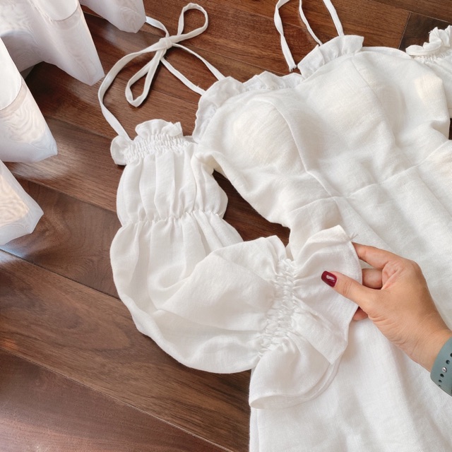 ĐẦM 2 DÂY RỚT VAI TAY PHỒNG TRẮNG ĐEN (về thêm loại phối nơ tay) | BigBuy360 - bigbuy360.vn