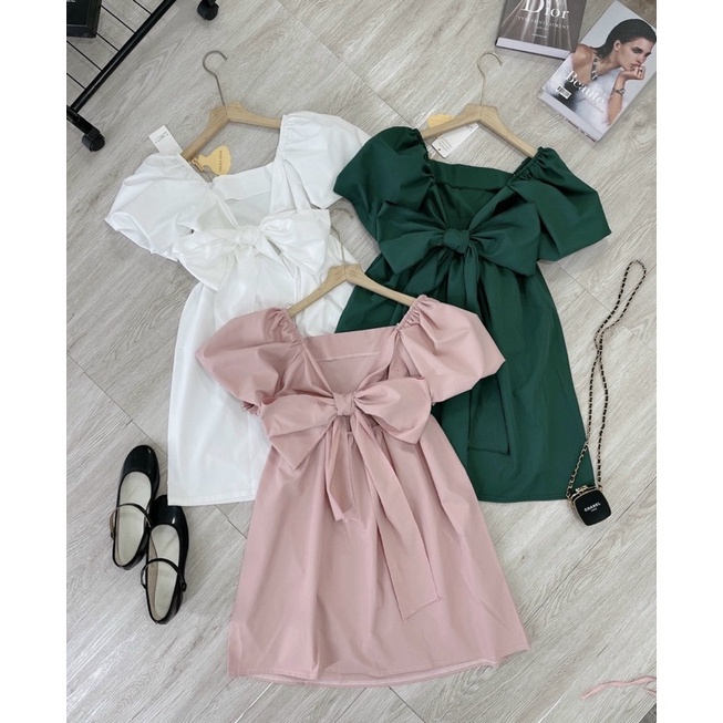 Đầm Babydoll Nữ, Váy Cổ Vuông Tay Bồng Xếp Li Ngực Dáng Xòe Thắt Nơ Lưng Cực Xinh