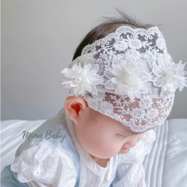Băng đô che thóp, turban cho bé gái vải voan đính bông hoa xinh xắn BD72 Mimo Baby