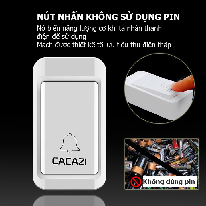 Chuông cửa không dây chống nước, không dùng pin CACAZI