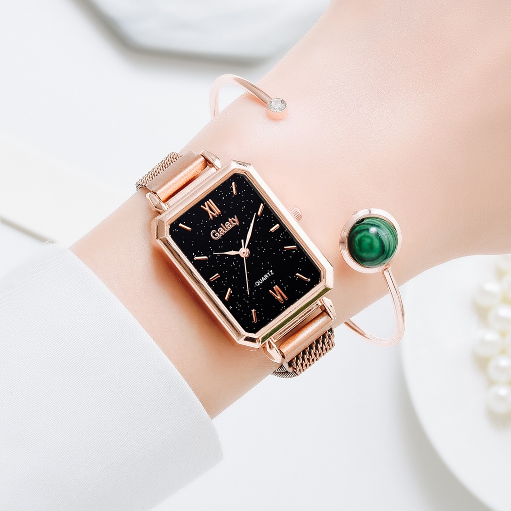 Watches Bộ Đồng Hồ Đeo Tay Mặt Vuông Màu Xanh Lá Chống Nước Phong Cách Đơn Giản Sang Trọng Cho Nữ