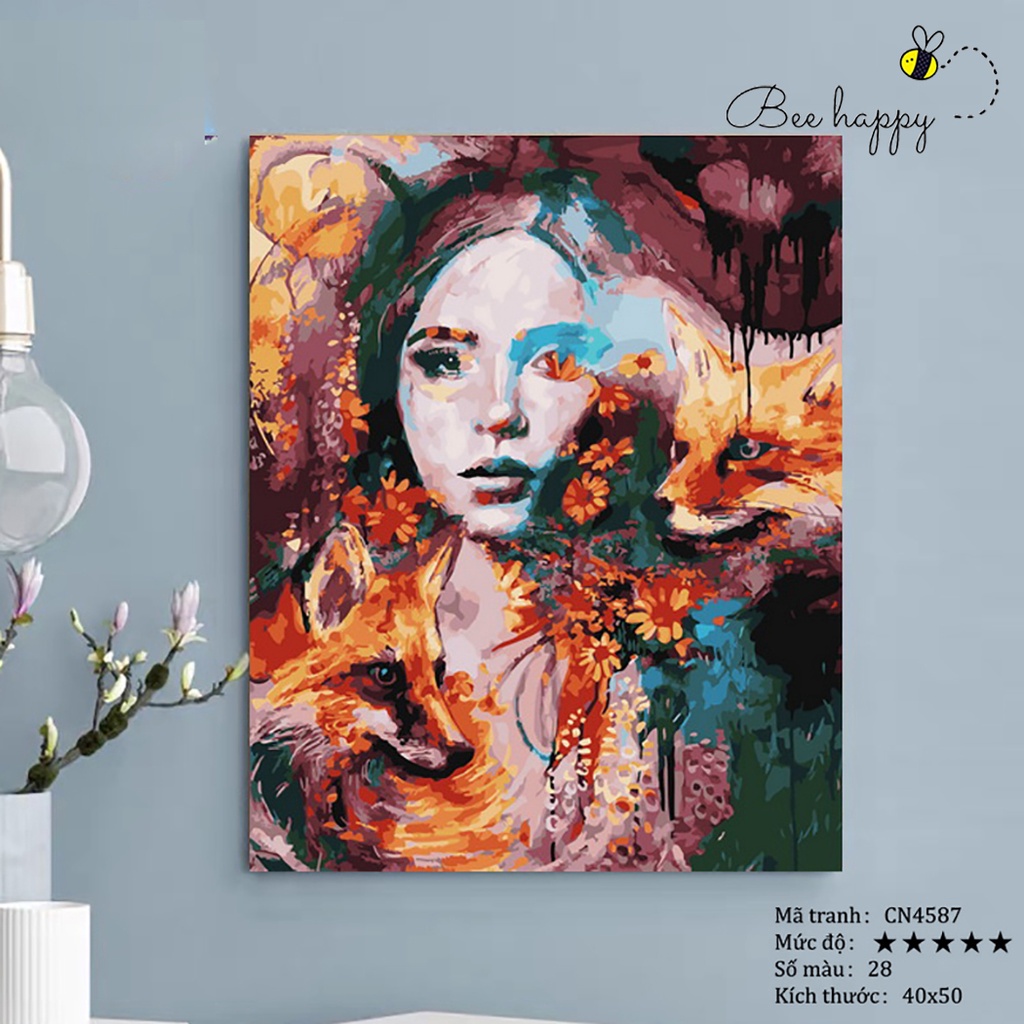 Tranh tô màu theo số Cô gái và song cáo đỏ BEE HAPPY cao cấp màu 5ml, 2 bộ cọ có sẵn mã CN4587