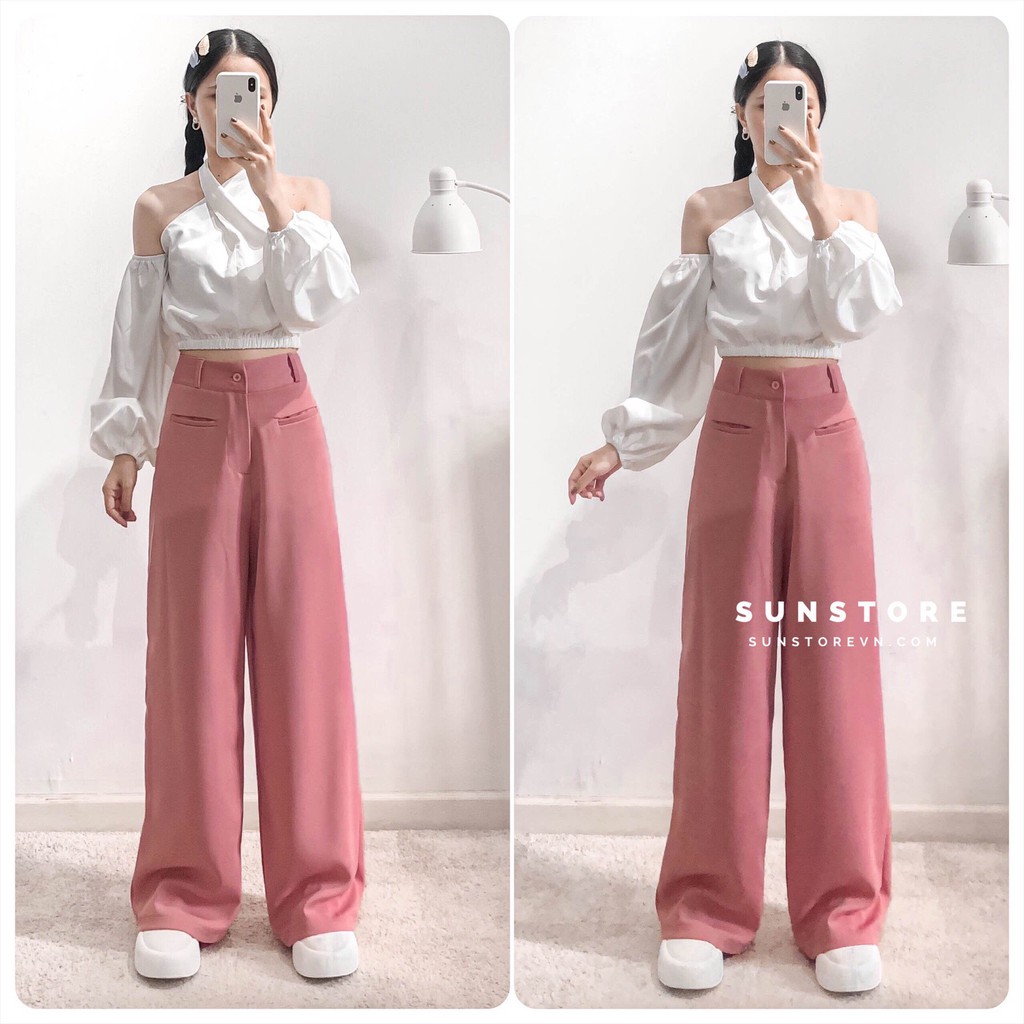 Quần ống rộng túi mổ culottes dáng suông dài cài nút lưng cao chất rũ THRE PANT