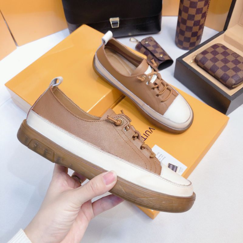 t Giày Thể Thao Nữ Nâu Giày Da Thật Dây Lười Mềm Êm Fullbox Cao Cấp