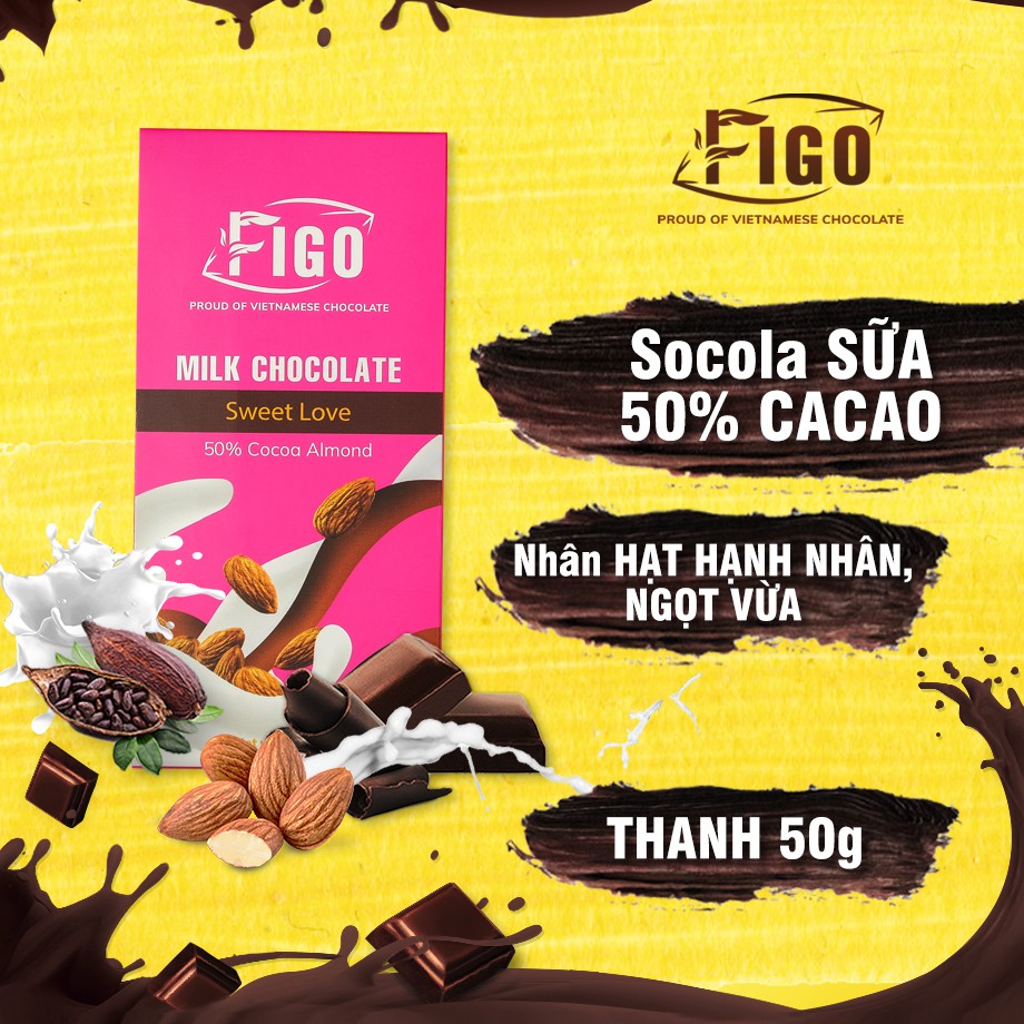 [Chính hãng] Kẹo Socola nhân hạt Hạnh nhân_Milk Chocolate Figo hạt Hạnh nhân bùi, ăn là nghiện Hộp 50gr